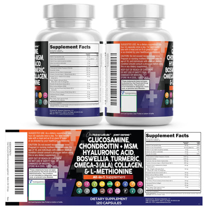 Clean Nutraceuticals Glucosamine 1500mg Chondroitin 1200mg MSM with Turmeric Curcumin, Collagen, Hyaluronic Acid, Omega 3 – Joint Health Supplement for Men & Women Clean Nutraceuticals