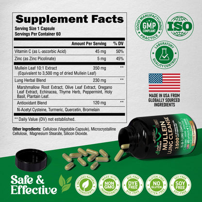 Mullein Lung Detox - Mullein Leaf Extract - Marshmallow Root | Echinacea | Oregano | Quercetin | NAC - 15-in-1 Lung Support & Cleanse for Smokers Supplement NUTRAHARMONY