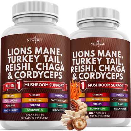 NEW AGE Lions Mane Mushroom Supplement with Turkey Tail Reishi Cordyceps Chaga with Marshmallow Root - 120 Count NEW AGE