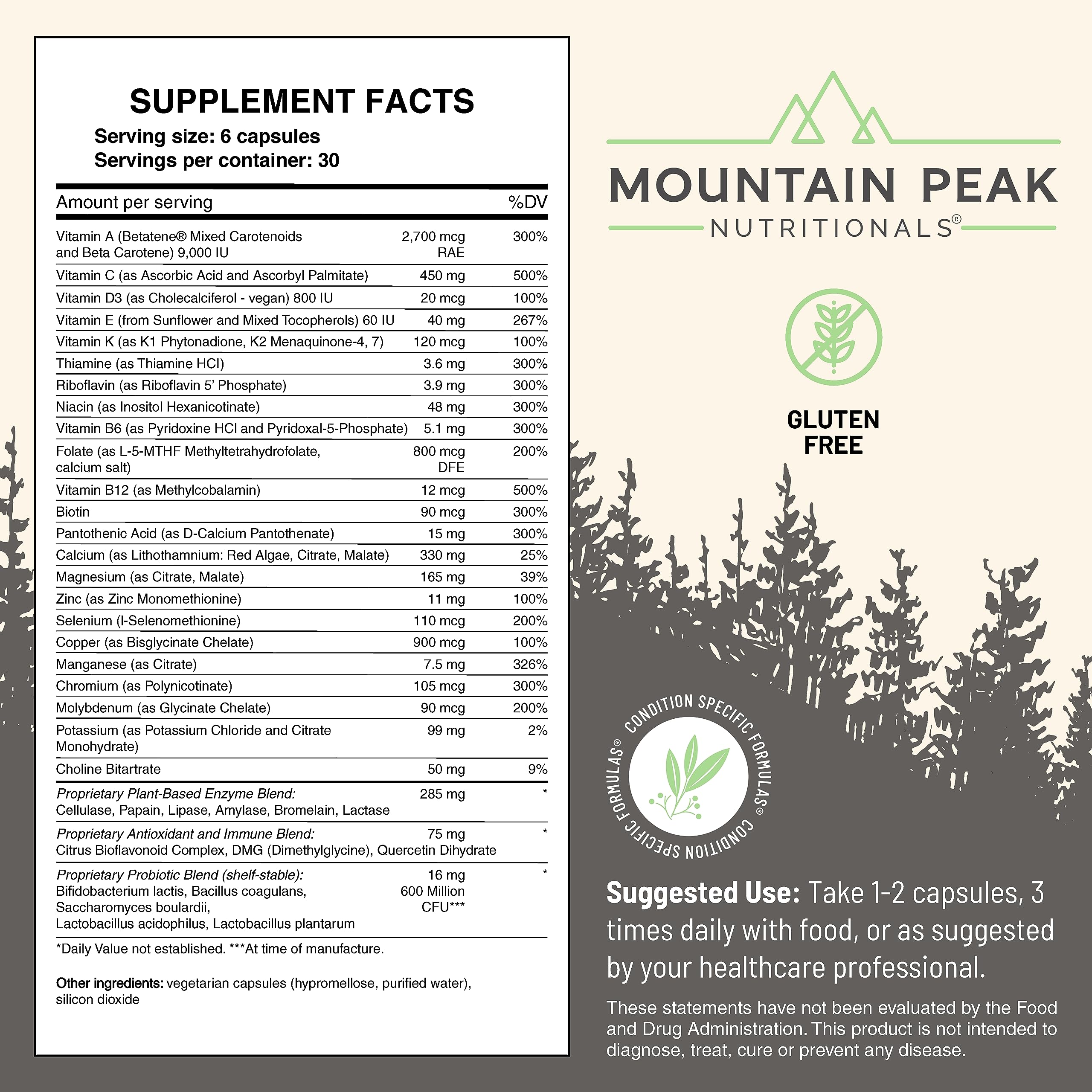 Mountain Peak Nutritionals Ultra High Multivitamin for Men & Women - with Vitamins A, B12, B6, C, D, E, Magnesium, Zinc, Folic Acid, Digestive Enzymes & Probiotics (180 Vegetarian Capsules) Mountain Peak Nutritionals buy australia supplements