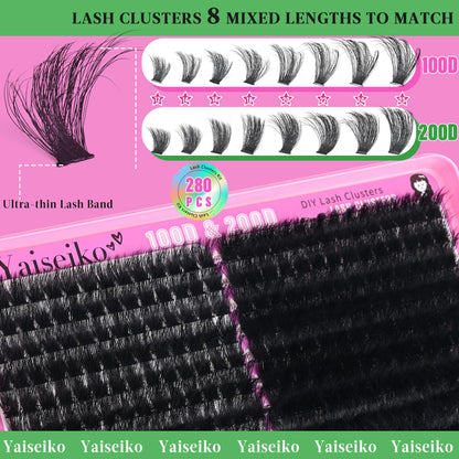 Yaiseiko Lash Clusters Kit 100D+200D Thick Volume Eyelash Clusters Kit 12-25mm Wispy Individual Lashes D Curl Long Cluster with Lash Bond and Seal Waterproof DIY Lash Extension Kit(KIT-280PCS) Yaiseiko