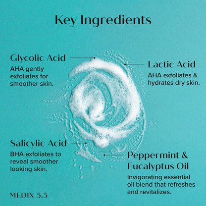 Medix 5.5 Glycolic Acid + Lactic Acid Exfoliating Body Wash Gel | KP Bump Eraser | AHA Exfoliant Skin Care Body Cleanser | Keratosis Pilaris & Acne | Anti Aging AHA Foaming Body & Face Wash, 15 Fl Oz Medix 5.5
