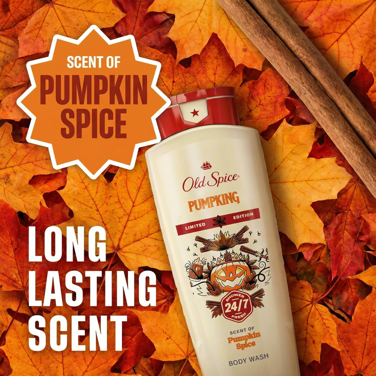 Old Spice Body Wash for Men, Fallidudes Edition, 24/7 Frightful Freshness, Long Lasting Cleanse & Refresh, Rich Lather, PumpKing Pumpkin Spice Scent, 16 oz Old Spice
