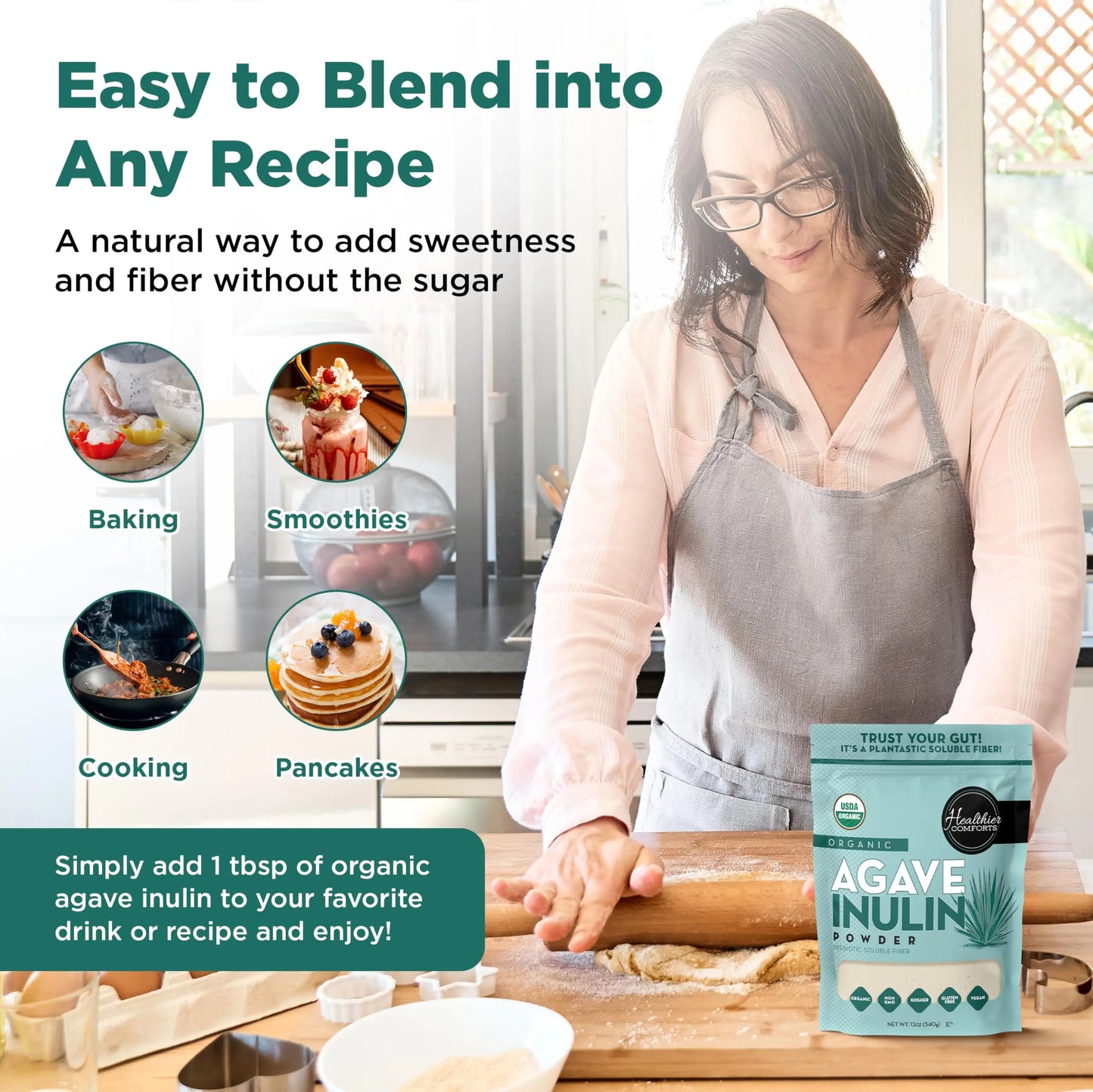 Healthier Comforts Organic Inulin Powder (12 oz) from Blue Agave | Soluble Prebiotic Fiber, Gentle on Digestion, Non-GMO | Perfect for Coffee, Baking & Cooking Healthier Comforts
