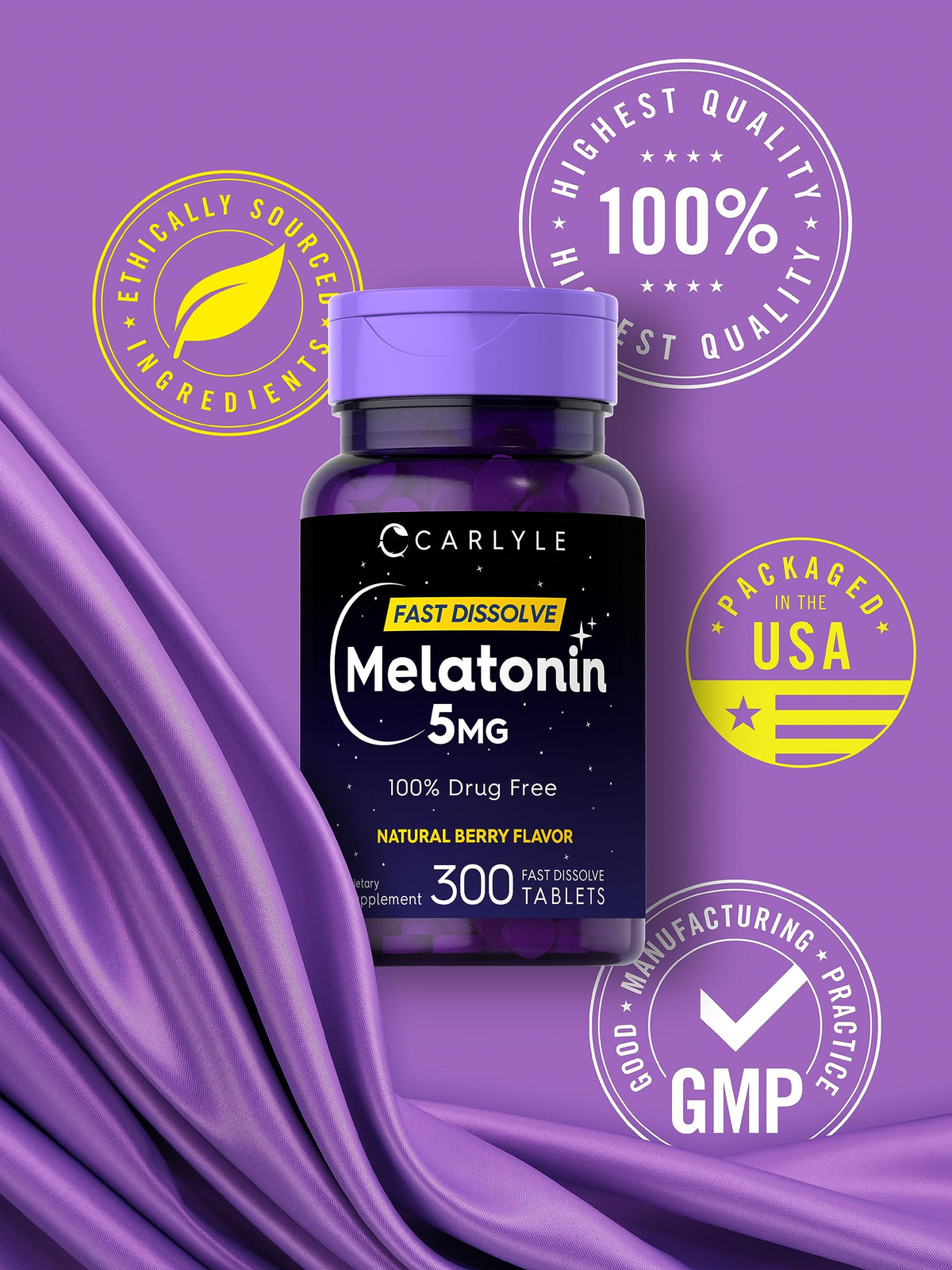 Carlyle Melatonin 5 mg Fast Dissolve 300 Tablets | Berry Flavor | Vegetarian, Non-GMO Supplement Carlyle
