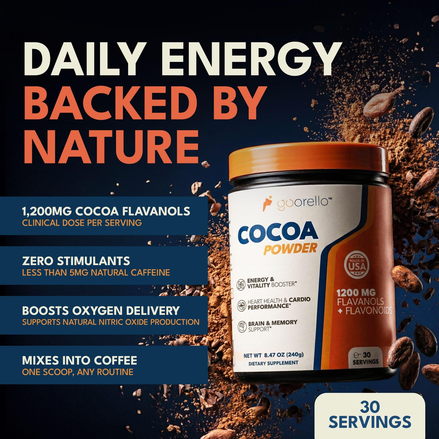 goorello High Flavanol Cocoa Powder Supplement, 1200mg Cocoa Flavanols & Flavonoids, 30 Servings for Support Heart Health, goorello