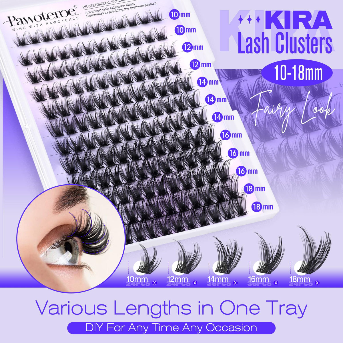 Pawotence Lash Clusters Wispy Kira Cluster Eyelash Extensions 10-18mm Individual Lashes DIY Cluster Lashes Extension Soft Comfortable Eyelash Clusters with Thin Band Pawotence