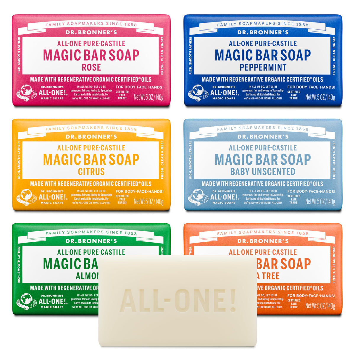 Dr. Bronner's Pure-Castile Magic Bar Soaps (5 Ounce Variety Gift Pack) Almond, Unscented, Lavender, Peppermint, Citrus, Rose - Made with Natural & Organic Certified Oils, Vegan, Non-GMO Dr. Bronner's