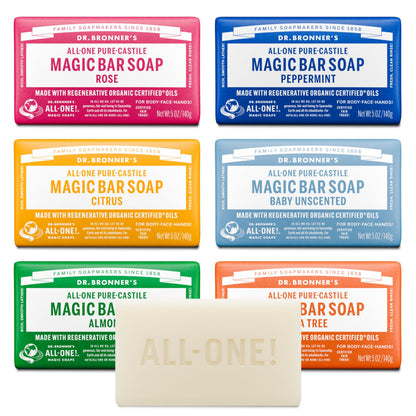 Dr. Bronner's Pure-Castile Magic Bar Soaps (5 Ounce Variety Gift Pack) Almond, Unscented, Lavender, Peppermint, Citrus, Rose - Made with Natural & Organic Certified Oils, Vegan, Non-GMO Dr. Bronner's