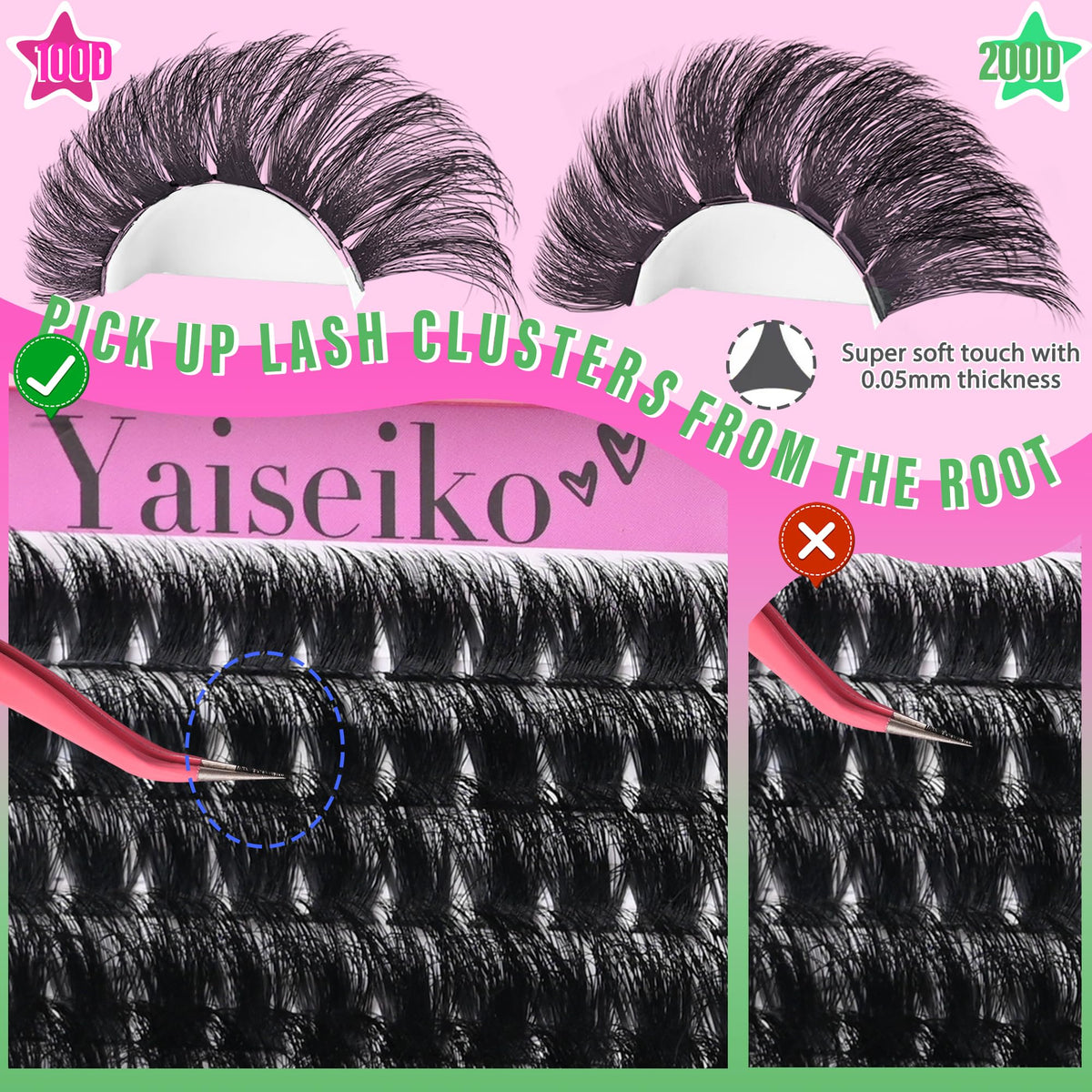 Yaiseiko Lash Clusters Kit 100D+200D Thick Volume Eyelash Clusters Kit 12-25mm Wispy Individual Lashes D Curl Long Cluster with Lash Bond and Seal Waterproof DIY Lash Extension Kit(KIT-280PCS) Yaiseiko