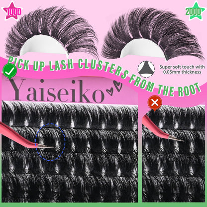 Yaiseiko Lash Clusters Kit 100D+200D Thick Volume Eyelash Clusters Kit 12-25mm Wispy Individual Lashes D Curl Long Cluster with Lash Bond and Seal Waterproof DIY Lash Extension Kit(KIT-280PCS) Yaiseiko