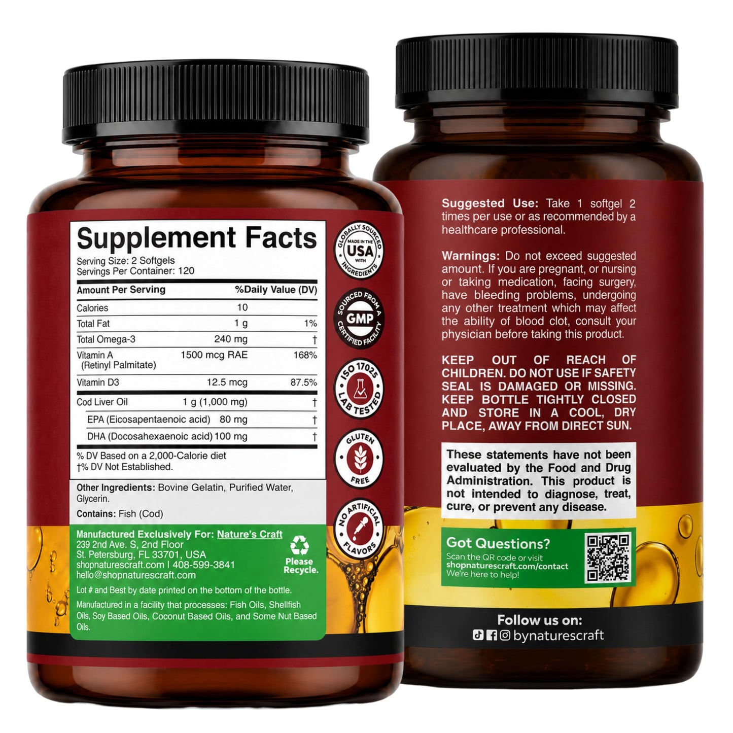Cod Liver Oil Capsules, Omega 3 Fish Oil, 100 Mini Softgels | 1,000 mg per 2-softgel serving with 240 mg total omega-3s, EPA & DHA, vitamins A & D3, from wild-caught Icelandic cod Gsupps Australia