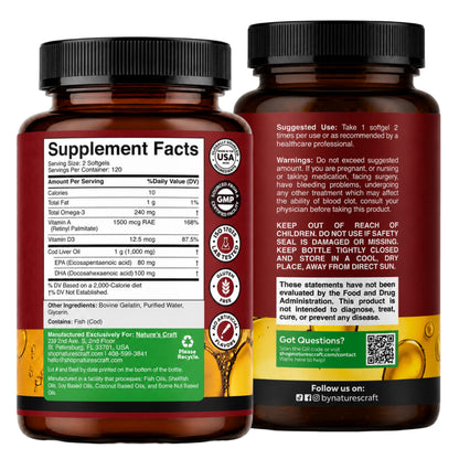 Cod Liver Oil Capsules, Omega 3 Fish Oil, 100 Mini Softgels | 1,000 mg per 2-softgel serving with 240 mg total omega-3s, EPA & DHA, vitamins A & D3, from wild-caught Icelandic cod Gsupps Australia