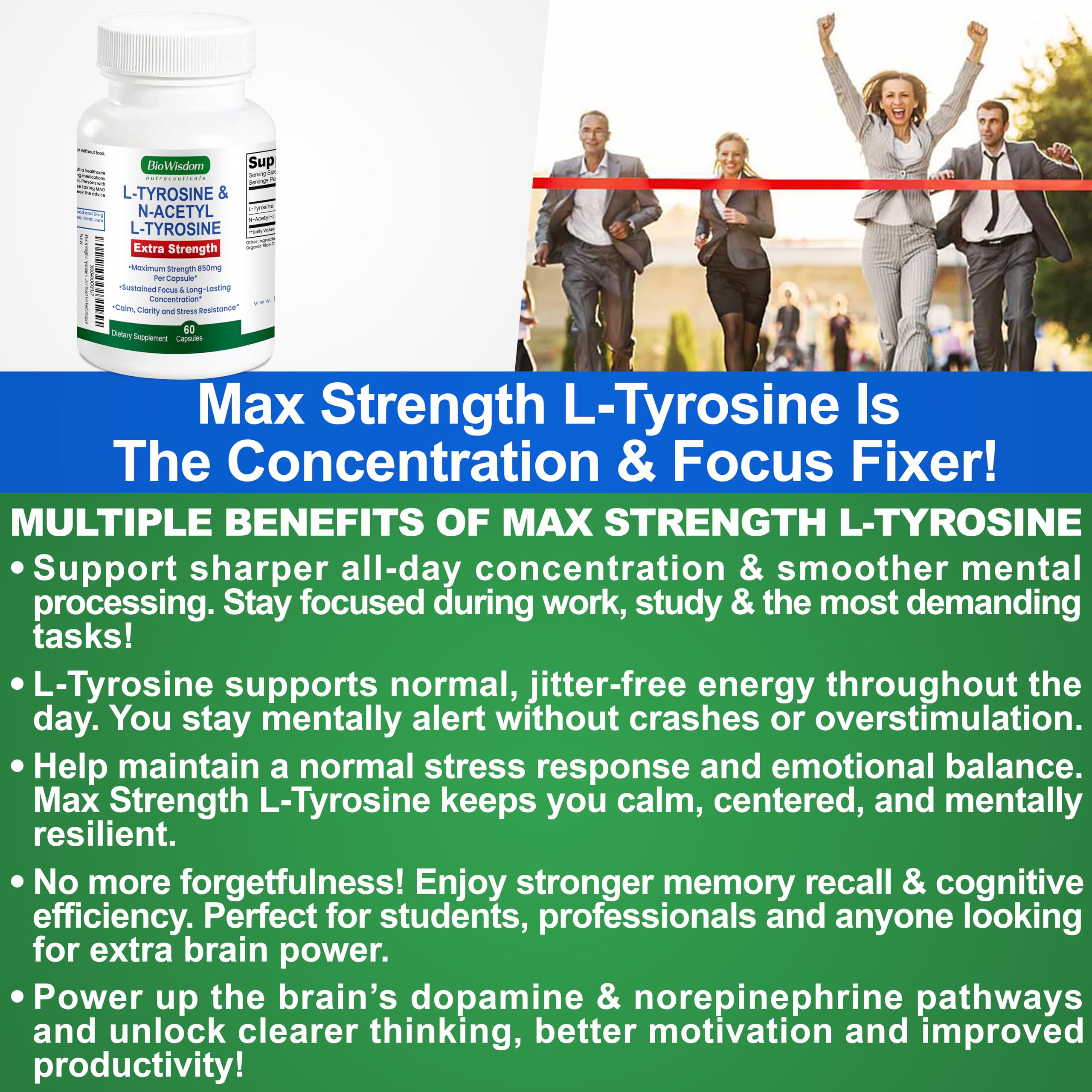 Max Strength L Tyrosine Supplement & N Acetyl L Tyrosine Peak Focus, Alertness, Concentration, Body & Mind Energy. L-Tyrosine 850mg Per 1 Capsule. A Well-Being Nutrient Boost For Performance BioWisdom Nutraceuticals buy australia supplements