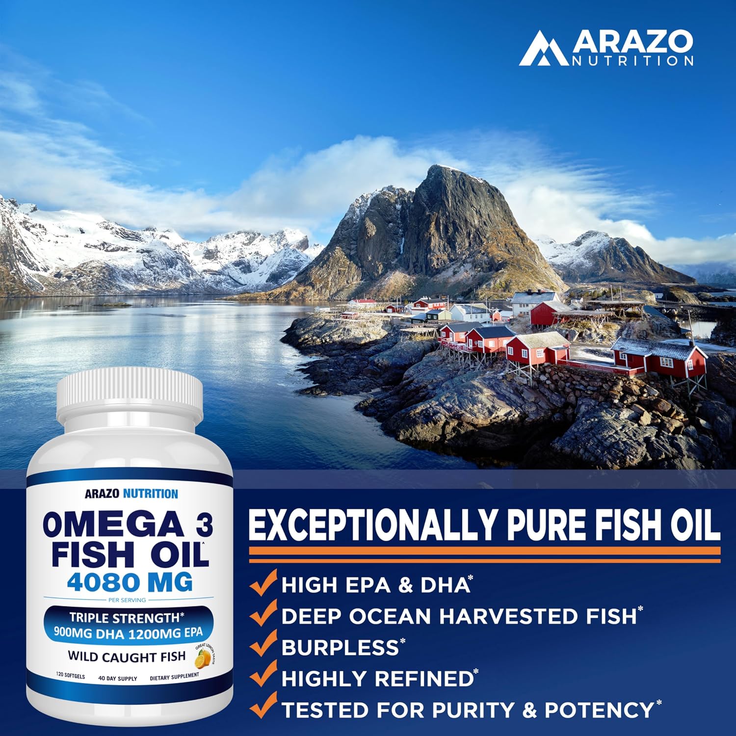 Arazo Nutrition Wild Caught Omega-3 Fish Oil Concentrate – 4,080mg per Serving – High EPA 1200mg & DHA 900mg – 120 Burpless Lemon Softgels Gsupps Australia