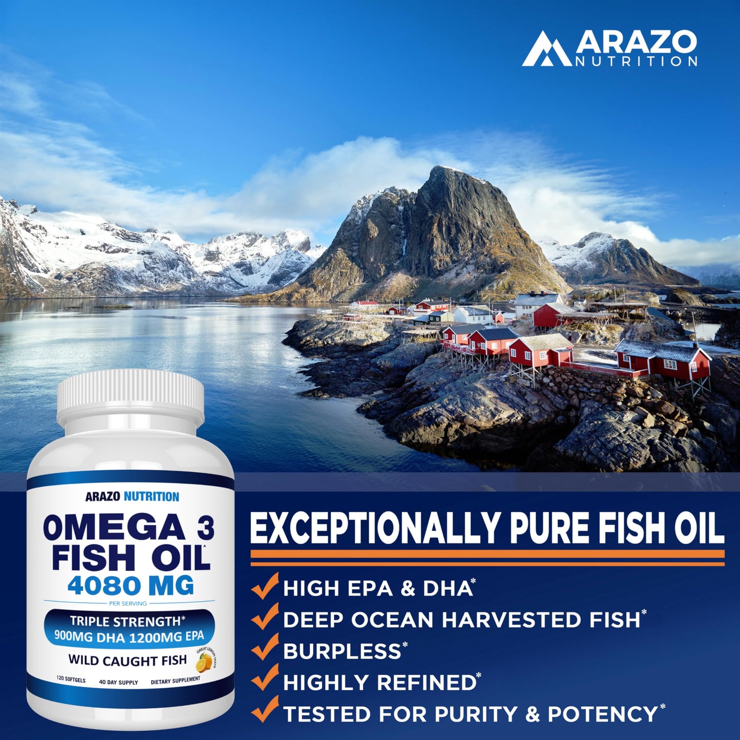 Arazo Nutrition Wild Caught Omega-3 Fish Oil Concentrate – 4,080mg per Serving – High EPA 1200mg & DHA 900mg dailyvitalstore