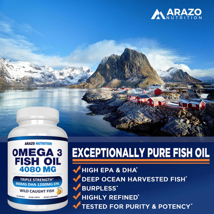 Arazo Nutrition Wild Caught Omega-3 Fish Oil Concentrate – 4,080mg per Serving – High EPA 1200mg & DHA 900mg dailyvitalstore