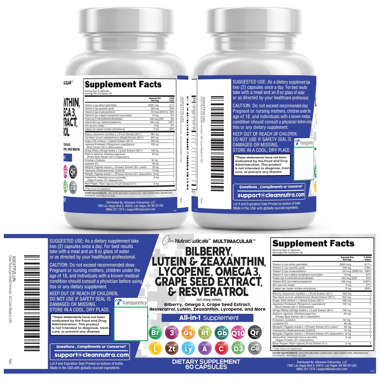 Clean Nutra Eye Vitamins with Bilberry Lutein and Zeaxanthin Supplements Lycopene 40mg Resveratrol Grape Seed Astaxanthin for Eyes - Eye Care Health Support Eye Clean Nutraceuticals