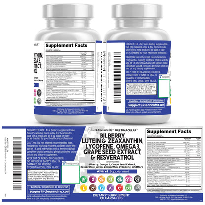 Clean Nutra Eye Vitamins with Bilberry Lutein and Zeaxanthin Supplements Lycopene 40mg Resveratrol Grape Seed Astaxanthin for Eyes - Eye Care Health Support Eye Clean Nutraceuticals