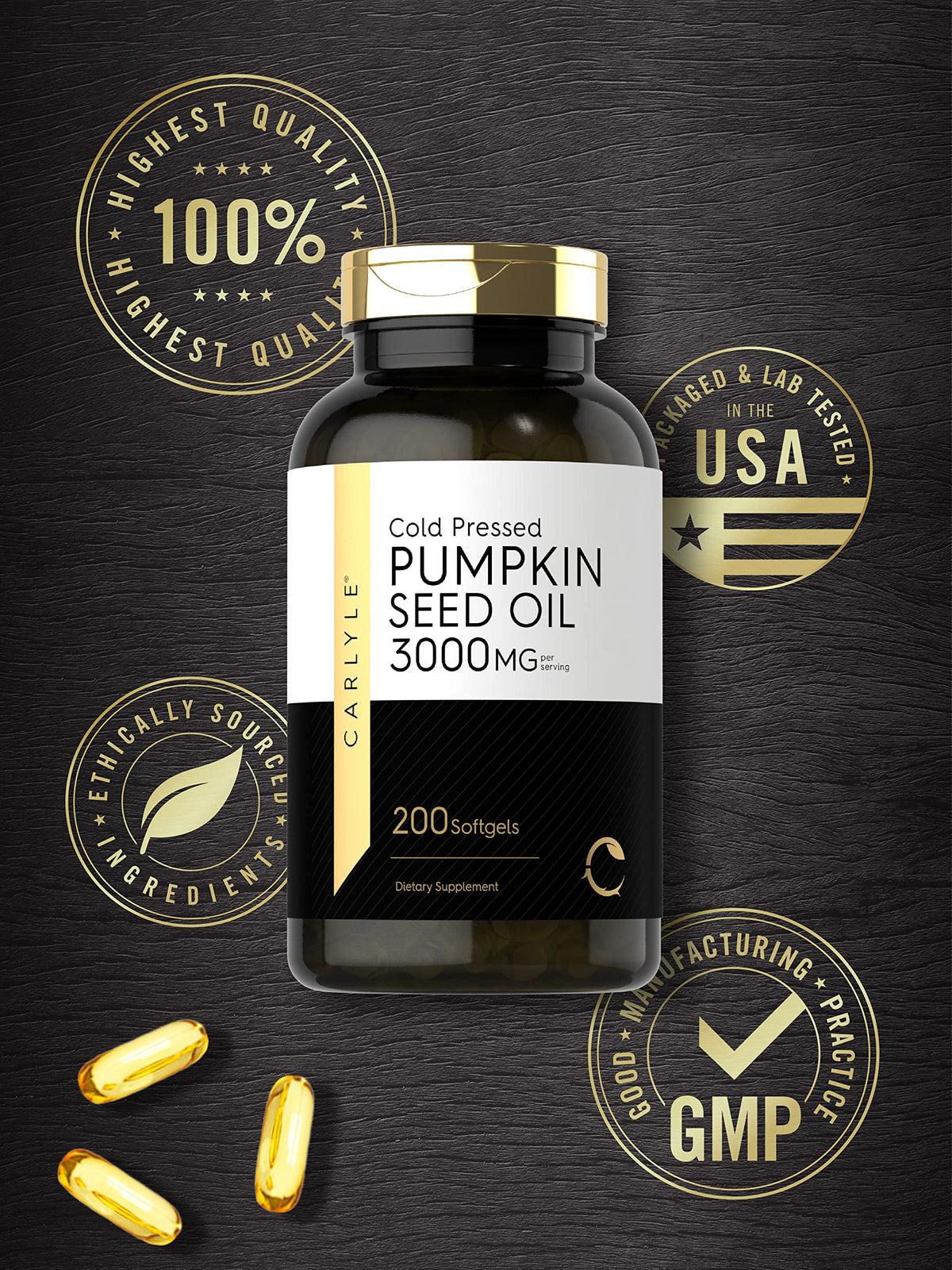 Carlyle Pumpkin Seed Oil Capsules | 3000mg | 200 Softgels | Essential Fatty Acids | Cold Pressed Dietary Supplement | Non-GMO and Gluten Free Formula Carlyle