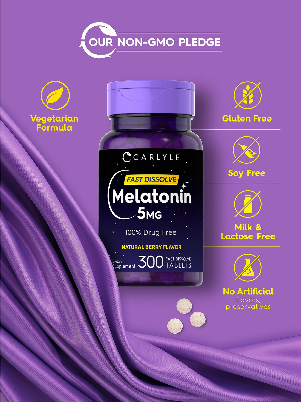 Carlyle Melatonin 5 mg Fast Dissolve 300 Tablets | Berry Flavor | Vegetarian, Non-GMO Supplement Carlyle