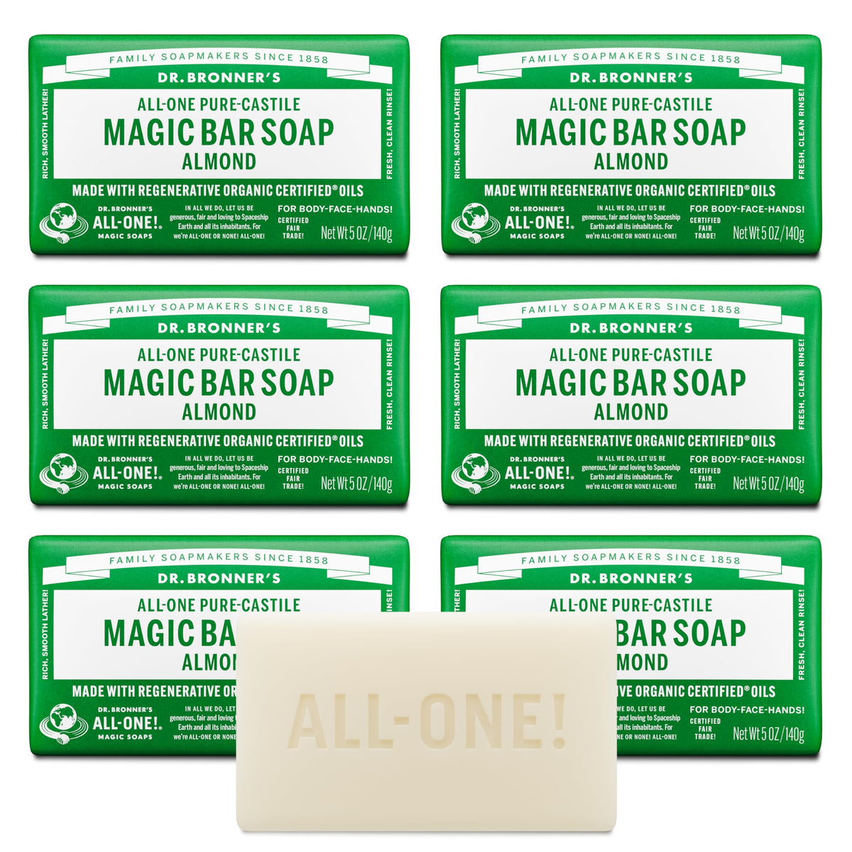 Dr. Bronner's Pure-Castile Bar Soap for Men & Women, Almond, 5 oz, 6-Pack Dr. Bronner's