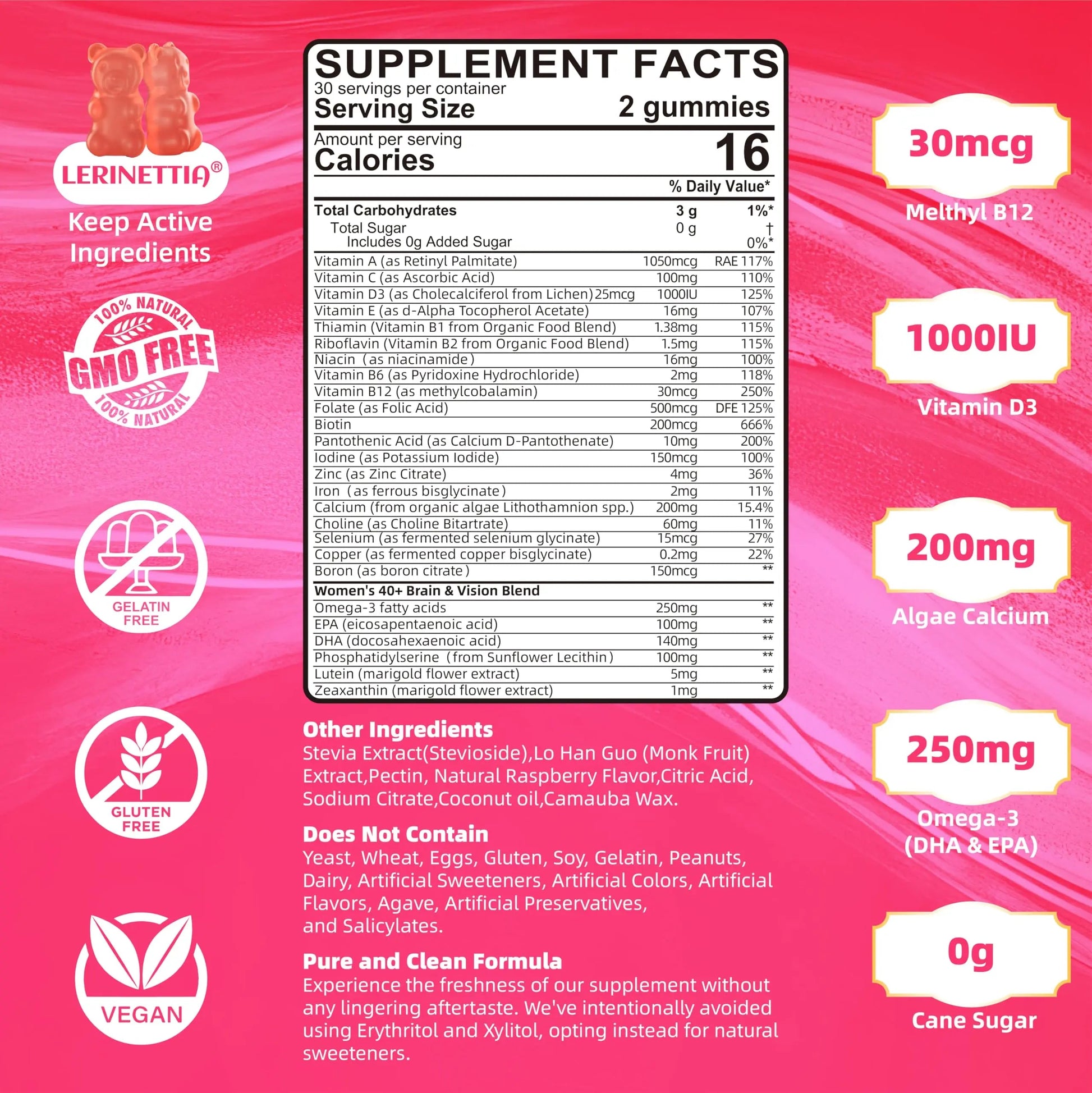 Lerinettia Multivitamin for Women Gummies for 40+ with Omega-3, Niacinamide, B-Complex, Lutein, Iron, Choline, Phosphatidylserine, Vitamin D3 Lerinettia buy australia supplements