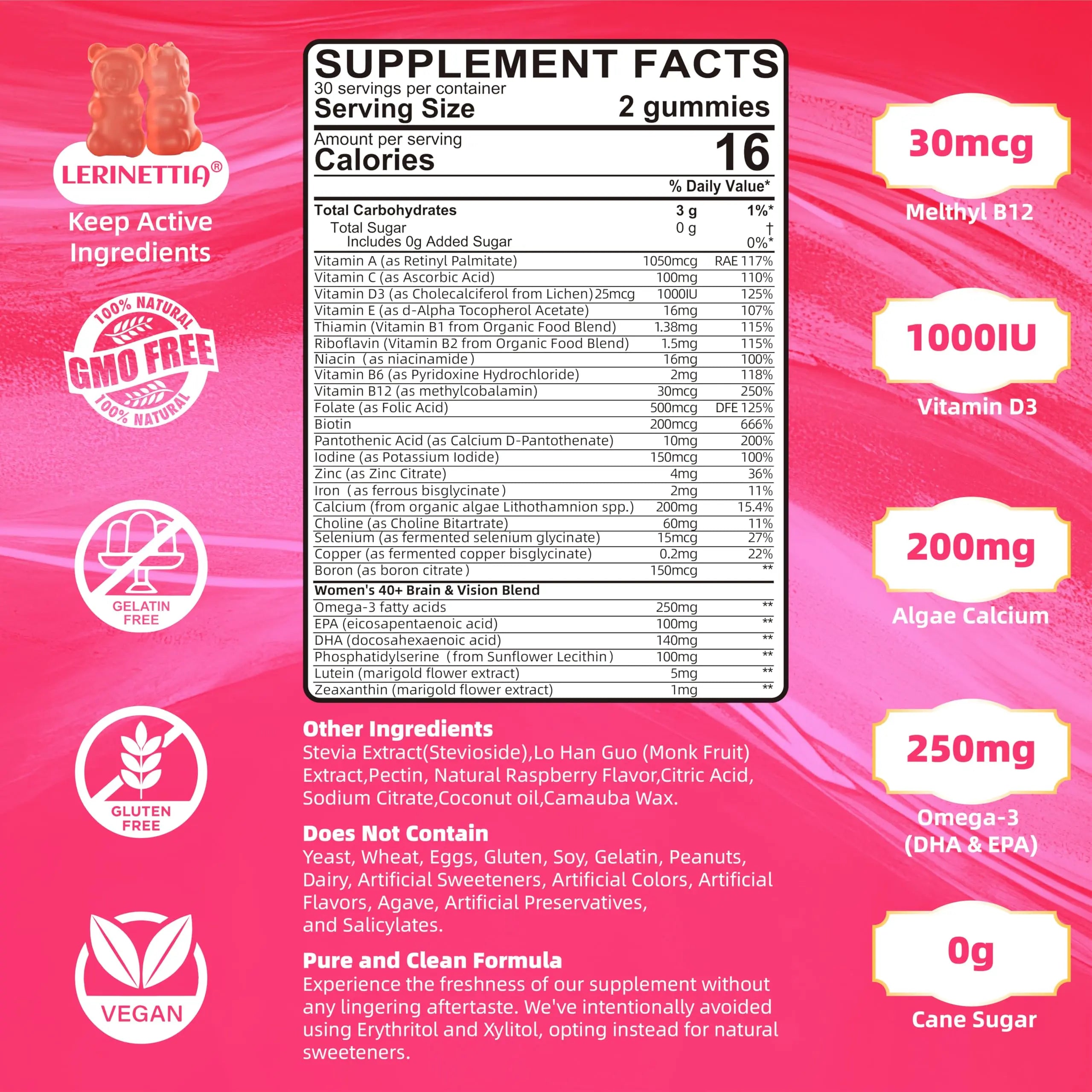 Lerinettia Multivitamin for Women Gummies for 40+ with Omega-3, Niacinamide, B-Complex, Lutein, Iron, Choline, Phosphatidylserine, Vitamin D3 Lerinettia buy australia supplements