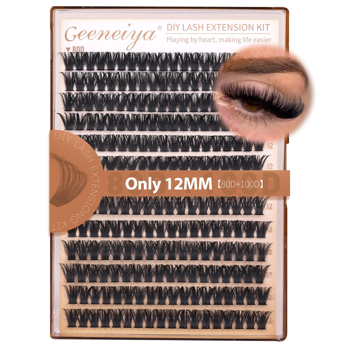 Geeneiya 12MM Volume Lash Clusters D Curl Cluster Eyelash Extensions Thick Cluster Lashes Only 12MM 80D+100D DIY Lash Extension Waterproof Geeneiya