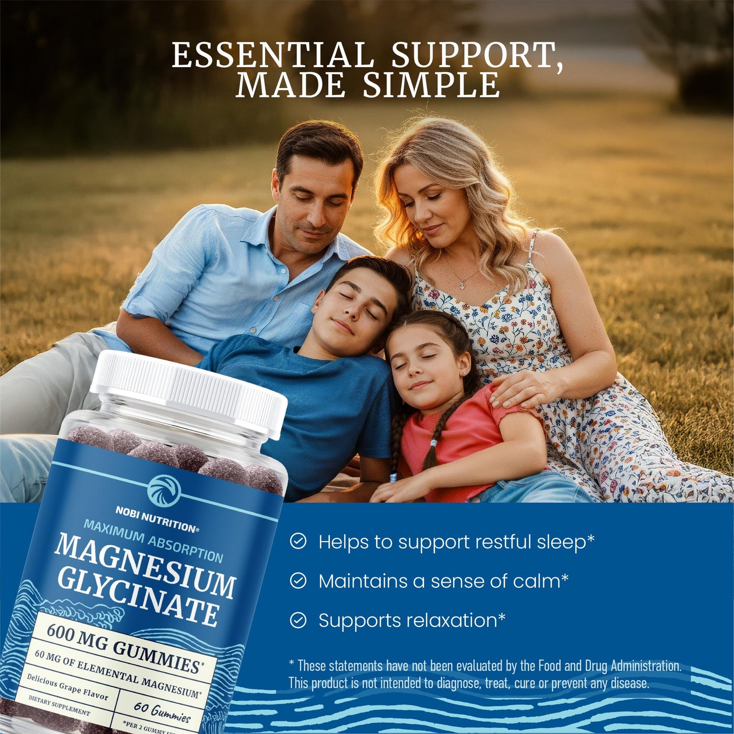 Magnesium Glycinate Gummies 600MG | Sleep, Calm & Relaxation Support | 60MG Elemental Mag Per Serving | Grape Flavor, Gluten-Free | High Absorption Magnesium Gummies for Women, Men & Family | 60 Ct Nobi Nutrition