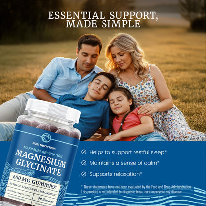 Magnesium Glycinate Gummies 600MG | Sleep, Calm & Relaxation Support | 60MG Elemental Mag Per Serving | Grape Flavor, Gluten-Free | High Absorption Magnesium Gummies for Women, Men & Family | 60 Ct Nobi Nutrition
