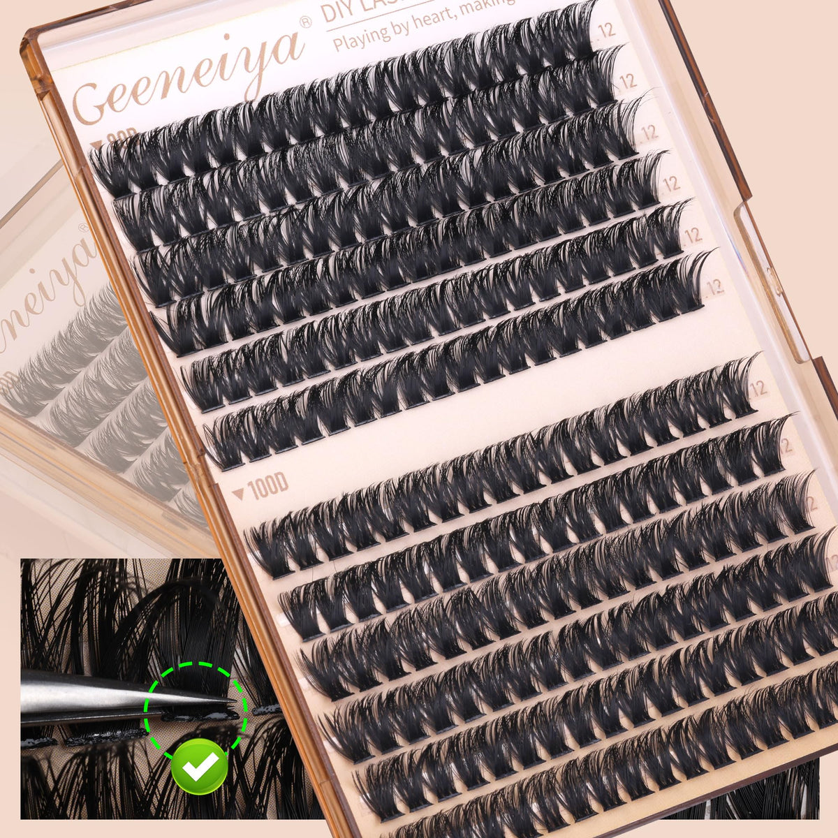 Geeneiya 12MM Volume Lash Clusters D Curl Cluster Eyelash Extensions Thick Cluster Lashes Only 12MM 80D+100D DIY Lash Extension Waterproof Geeneiya