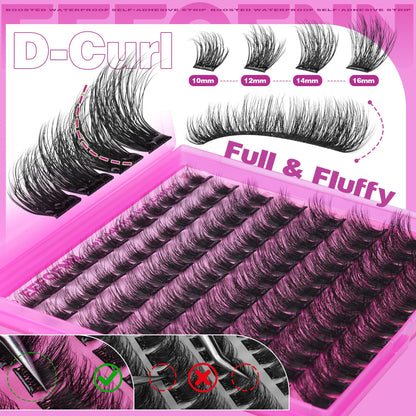 Self Adhesive Eyelashes Fluffy Self Adhesive Lash Clusters No Glue Eyelash Clusters Wispy Glueless Cluster Eyelash Extensions 10-16mm Individual Lashes DIY Lash Extension Kit with Anti-Stick Tweezers Eefofnn