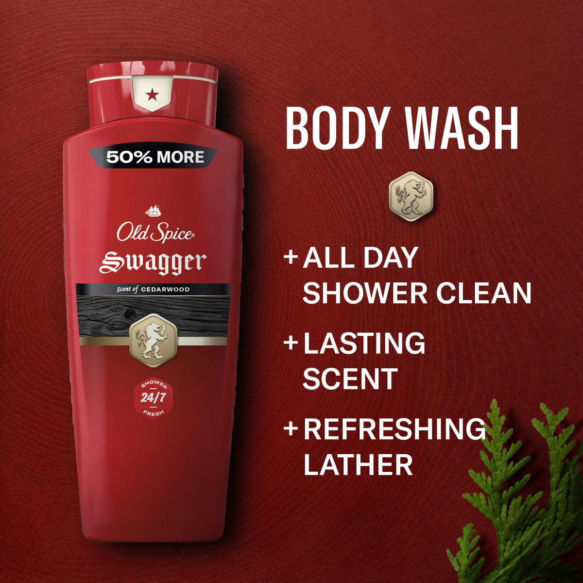 Old Spice Refreshing Body Wash for Men, 3X Defense, 24/7 Shower Fresh with Long Lasting Scent, Red Collection, Swagger with Cedarwood Scent, 24 oz (Pack of 2) Old Spice