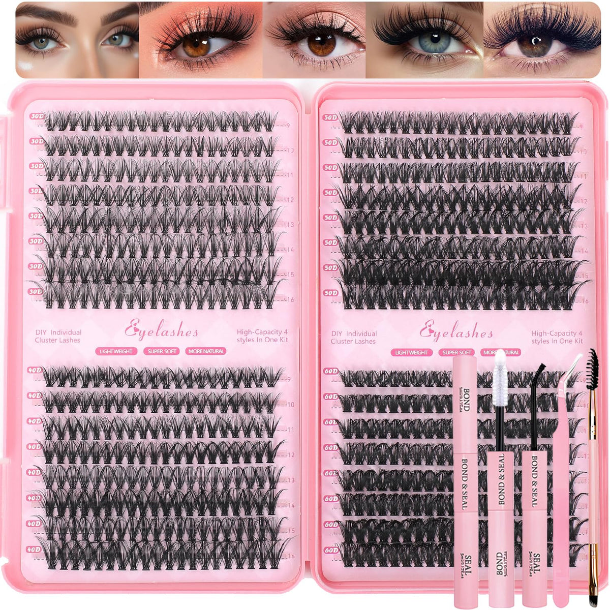 OLLAVO Lash Clusters Kit, 640 Pcs Eyelashes Clusters Extensions, 9-16mm Individual Lashes D Curl Fluffy Wispy 1 Eyelashes Thin Band with Bond Seal Tweezers Brush DIY (30D+40D+50D+60D Kit 9-16mm) OLLAVO