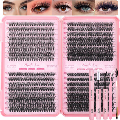 OLLAVO Lash Clusters Kit, 640 Pcs Eyelashes Clusters Extensions, 9-16mm Individual Lashes D Curl Fluffy Wispy 1 Eyelashes Thin Band with Bond Seal Tweezers Brush DIY (30D+40D+50D+60D Kit 9-16mm) OLLAVO