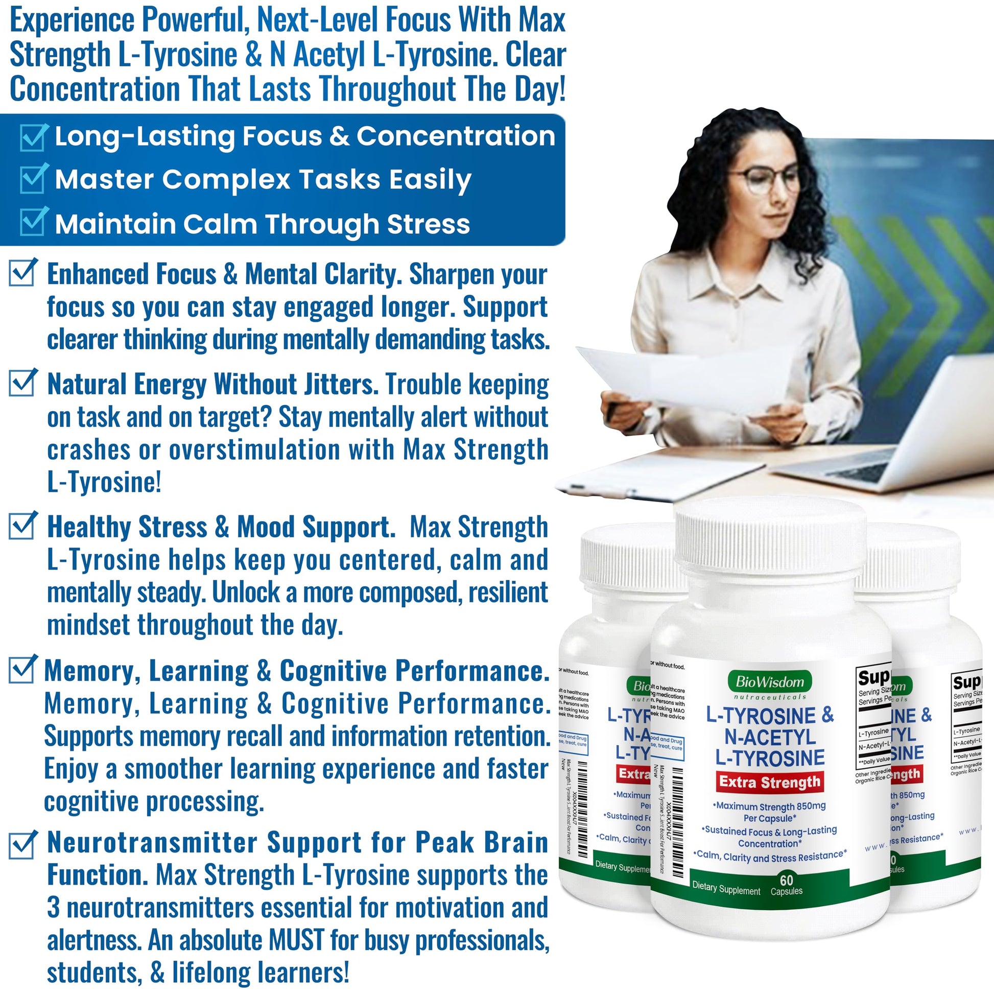 Max Strength L Tyrosine Supplement & N Acetyl L Tyrosine Peak Focus, Alertness, Concentration, Body & Mind Energy. L-Tyrosine 850mg Per 1 Capsule. A Well-Being Nutrient Boost For Performance BioWisdom Nutraceuticals buy australia supplements