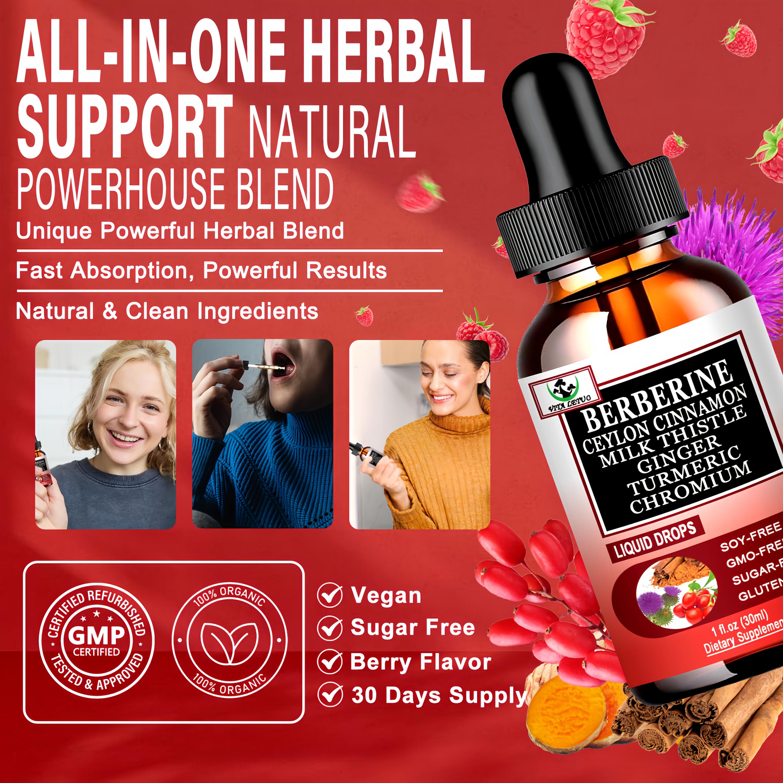 Berberine Drops, High Absorption 6-in-1 Liquid Berberine Supplement with Ceylon Cinnamon Milk Thistle Turmeric, Premium Berberine HCl for Immune Function Metabolic & Digestive Support, 30 Servings Vita letuo buy australia supplements