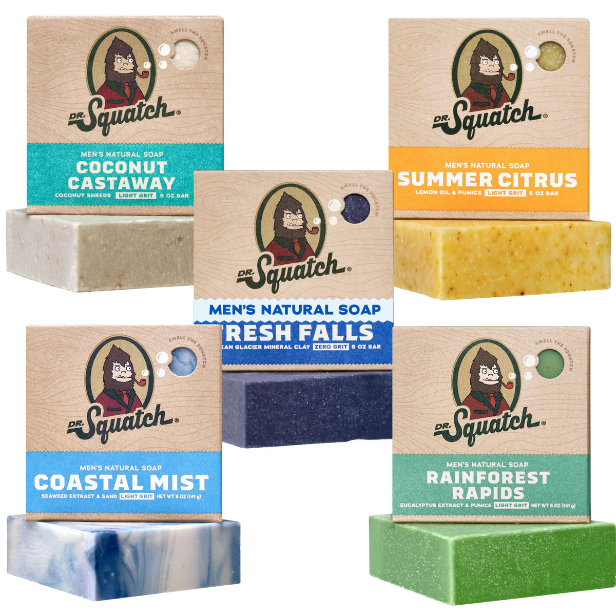 Dr. Squatch Natural Men’s Bar Soap - Cold Process Body Soap Bar with Natural Oils - Gifts for Men - Summer Citrus, Coconut Castaway, Fresh Falls, Coastal Mist & More (5 oz, 5-Pack, Scents May Vary) Dr. Squatch