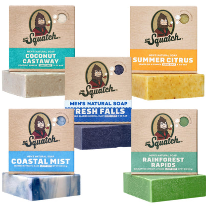 Dr. Squatch Natural Men’s Bar Soap - Cold Process Body Soap Bar with Natural Oils - Gifts for Men - Summer Citrus, Coconut Castaway, Fresh Falls, Coastal Mist & More (5 oz, 5-Pack, Scents May Vary) Dr. Squatch