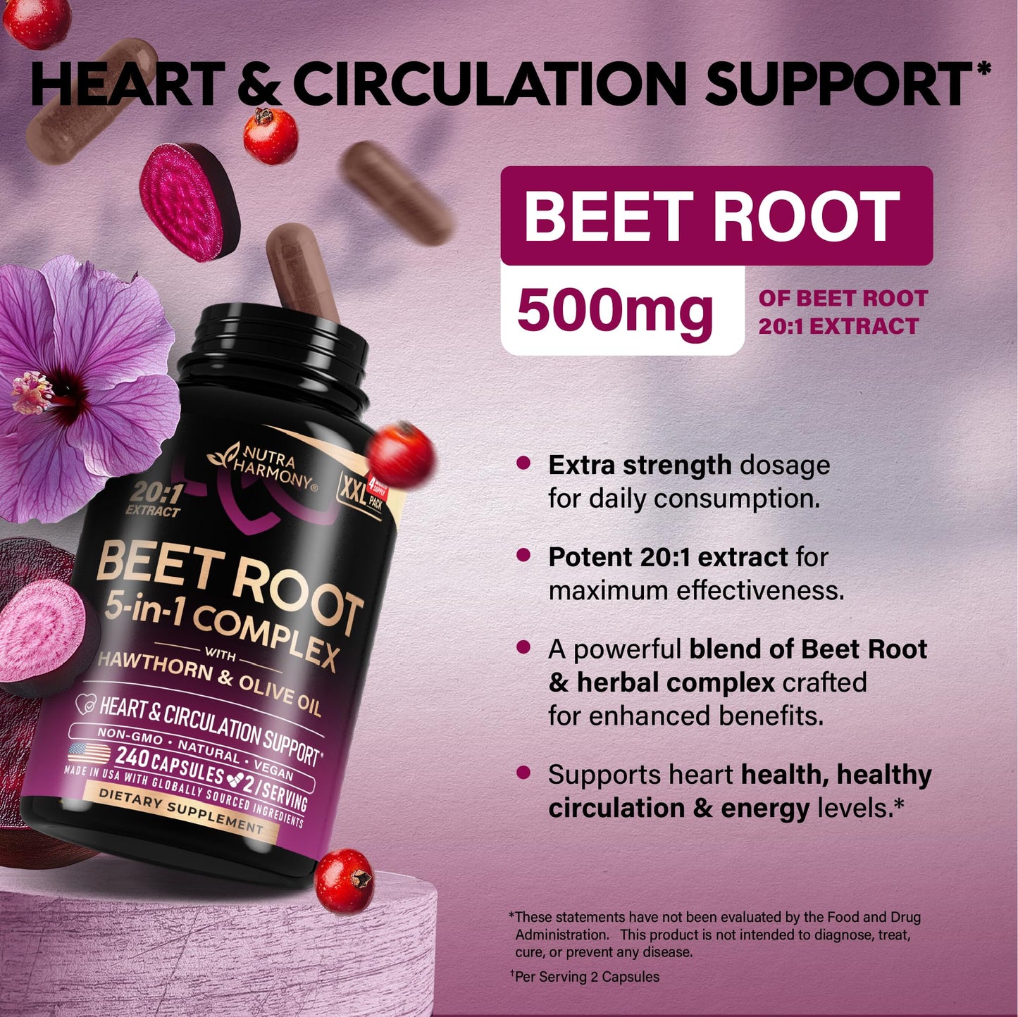 Beet Root 5-in-1 Complex Capsules - Healthy Blood Pressure Support Supplement** for Heart & Circulation Support - with Hawthorn Berry, Hibiscus & Garlic NUTRAHARMONY