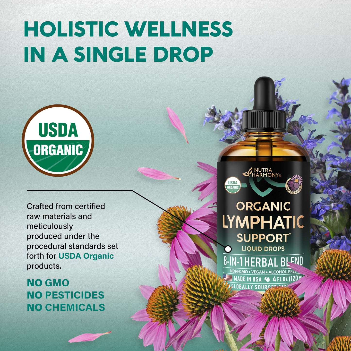 USDA Organic Lymphatic Drainage Supplement - Echinacea | Elderberry | Dandelion | Rosehip | Cleavers | Calendula | Burdock - Made in USA - Lymph System Drops NUTRAHARMONY