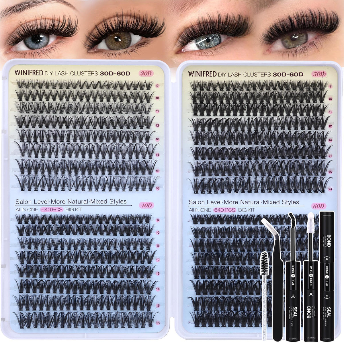 Lash Clusters Kit 640PCS Wispy Eyelash Clusters Kit Natural 30D 40D 50D 60D Winifred