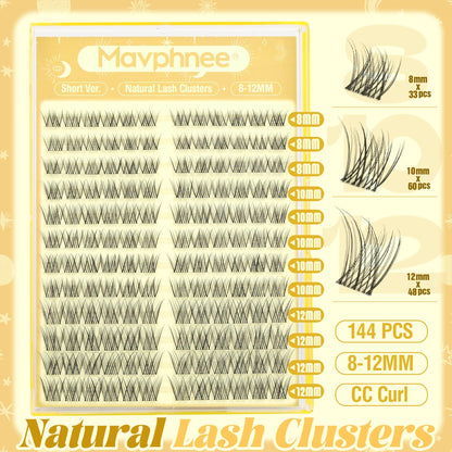 Short Lash Clusters Natural Cluster Eyelash Extensions 8-10-12MM Clear Band Cluster Lashes Extensions Wispy Individual Lashes CC-Curly Eyelash Clusters Pestañas Postizas Naturales 144Pcs DIY Lashes Mavphnee