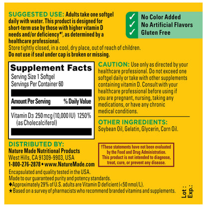 Nature Made Vitamin D3 10000 IU (250 mcg) Maximum Strength, Vitamin D Supplement for Bone and Immune Health Support Nature Made