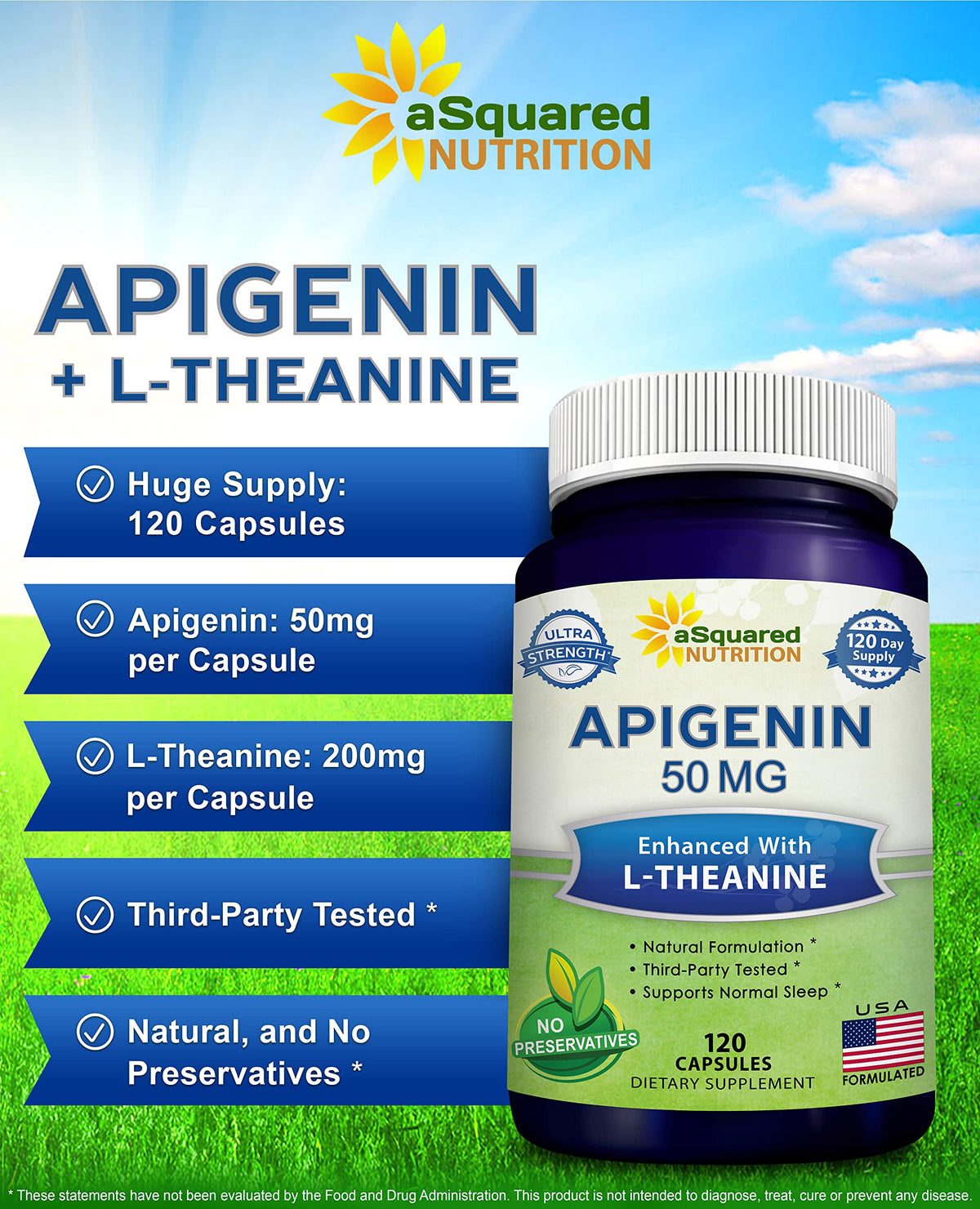 aSquared Nutrition Apigenin 50mg & L-Theanine 200mg - 120 Capsules - Apigenin Supplement Pills for Sleep and Relaxation aSquared Nutrition