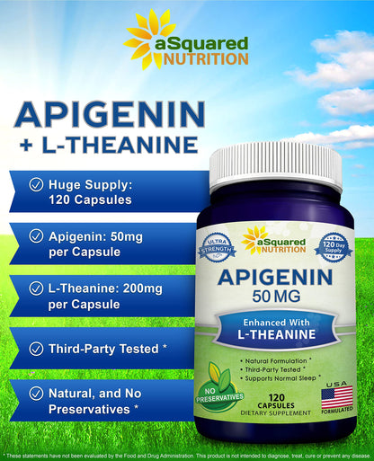 aSquared Nutrition Apigenin 50mg & L-Theanine 200mg - 120 Capsules - Apigenin Supplement Pills for Sleep and Relaxation aSquared Nutrition