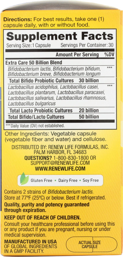 Renew Life Extra Care Digestive Probiotic Capsules, 50 Billion CFU Guaranteed, Daily Supplement Supports Immune, Digestive, Respiratory Health(1), L. Rhamnosus GG, Dairy, Soy and Gluten-Free, 90 Count | 90 Vegetarian Capsules | Supports Digestive, Immune Gsupps Australia