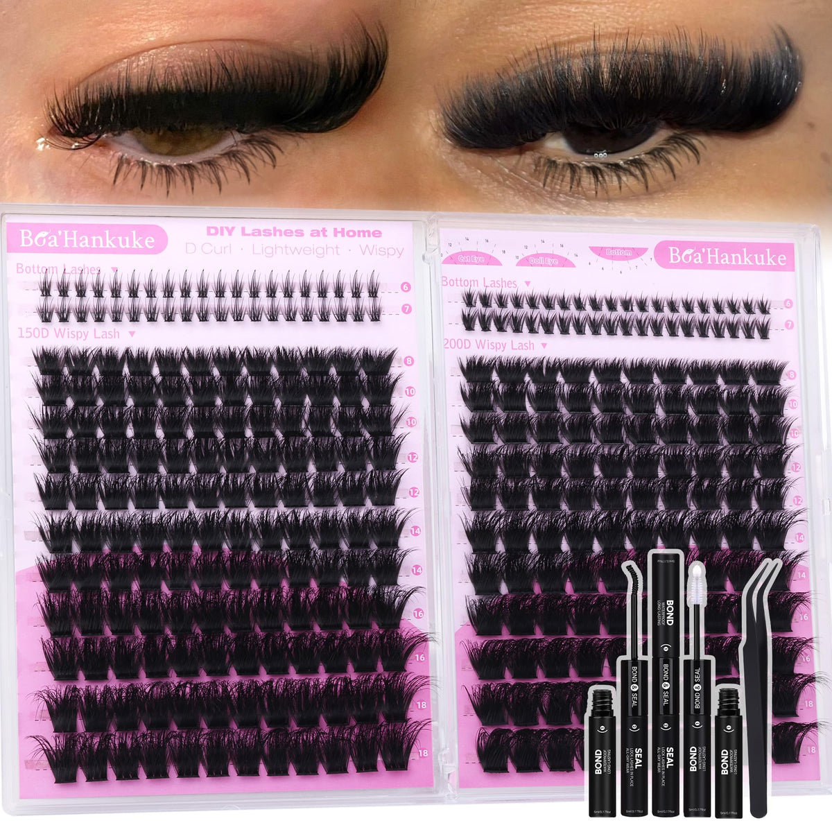 Fluffy Lash Clusters Kit with Bottom Lashes Volume Eyelash Extension Kit 150D+200D Thick Eyelash Clusters Kit 8-18MM Wispy Individual Lashes with Waterproof Lash Bond&Seal D Curl Lash Extension kit Boahankuke