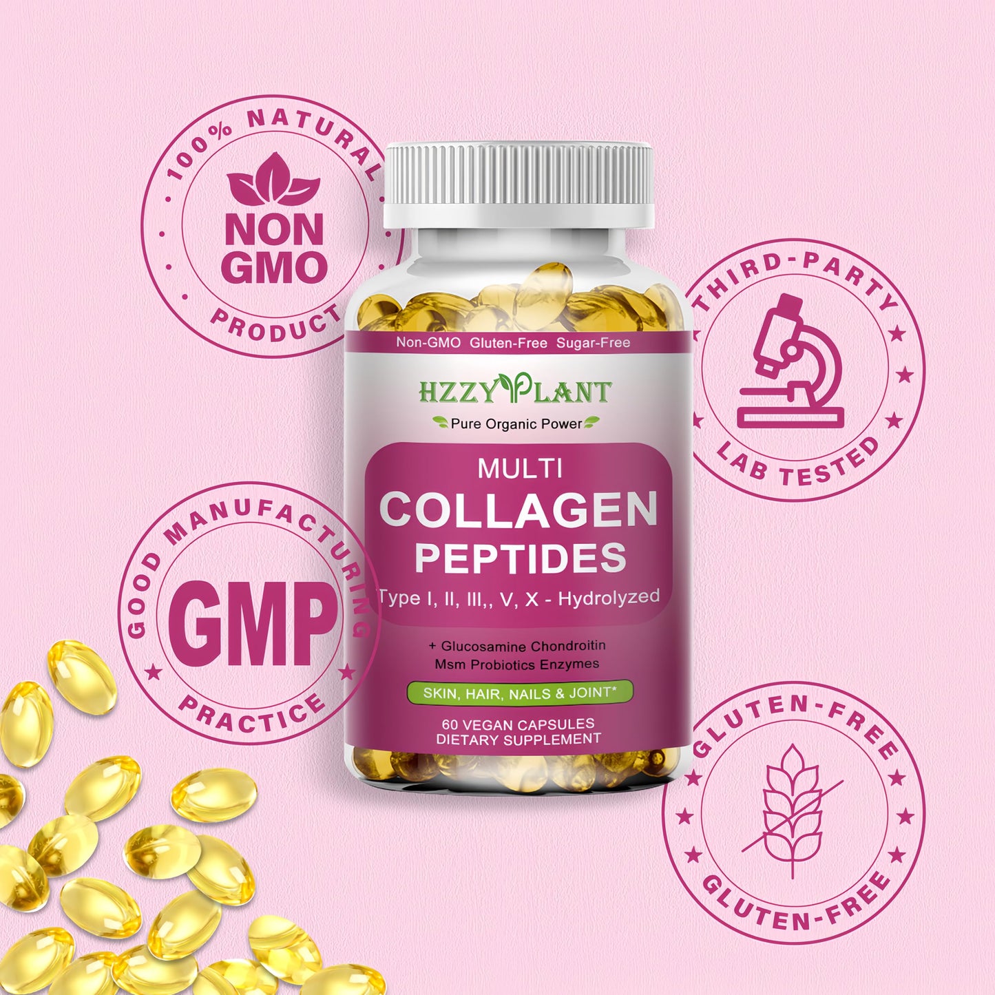 Multi Collagen Peptides Softgel - Type I, II, III, V, X - Hydrolyzed Collagen Peptides with Biotin Vitamin C Hyaluronic Acid for Women & Men, Supports Skin Hair Nail & Joint, Non-GMO, 60 Servings HZZYPLANT